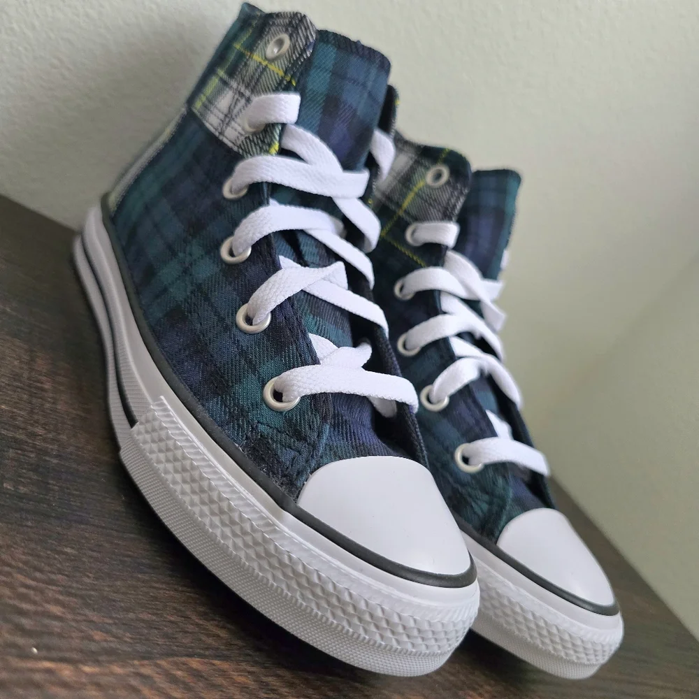 Converse Kids Chuck Taylor Plaid Luxe High Top Sneakers Green Blue Size 1 Youth‎